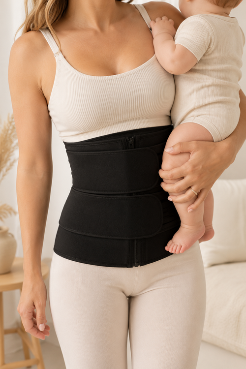 Jeune maman portant la ceinture de soutien post-partum Cocon & Toi en tenant son bébé dans les bras